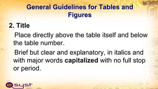 General Guidelines for Tables and
Figures
2. Title
Place directly above the table itself and below
the table number.
Brief but clear and explanatory, in italics and
with major words capitalized with no full stop
or period.
 