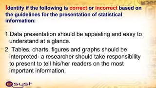 Identify if the following is correct or incorrect based on
the guidelines for the presentation of statistical
information:
1.Data presentation should be appealing and easy to
understand at a glance.
2. Tables, charts, figures and graphs should be
interpreted- a researcher should take responsibility
to present to tell his/her readers on the most
important information.
 