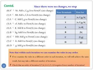 Contd.
(0) S’  S$.Add e, f, g, h to First(S’) (no change)
(1) S  AB.Add e, f, h to First(S) (no change)
(2) S  C.Add f, g to First(S) (no change)
(3)A  ef.Add e to First(A) (no change)
(4)A  ε. Add ε to First(A) (no change)
(5) B  hg.Add h to First(B) (no change)
(6) C  DD.Add g to First(C) (no change)
(7) C  fi.Add f to First(C) (no change)
(8) D  g.Add g to First(D) (no change)
16
Non-Terminals First Set
S' {e, f, g, h}
S {e, f, g, h}
A {e, ε}
B {h}
C {f, g}
D {g}
Since there were no changes, we stop
Note that within each iteration we can examine the rules in any order.
 If we examine the rules in a different order in each iteration, we will still achieve the same
result, but may take a different number of iterations.
 Check that an order of iteration 8,7,6,5,4,3,2,1,0 requires fewer number of iteration?
 
