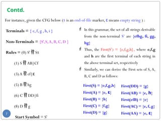 Contd.
For instance, given the CFG below ($ is an end-of-file marker, ε means empty string ) :
Terminals = { e, f, g , h, i }
Non-Terminals = {S',S,A, B, C, D }
Rules = (0) S'  S$
(1) S  AB|Cf
(3)A  ef|ε
(5) B  hg
(6) C  DD|fi
(8) D  g
Start Symbol = S'
7
 In this grammar, the set of all strings derivable
from the non-terminal S’ are {efhg, fi, gg,
hg}
 Thus, the First(S’) = {e,f,g,h}, where e,f,g
and h are the first terminal of each string in
the above terminal set, respectively
 Similarly, we can derive the First sets of S, A,
B, C and D as follows:
First(S) = {e,f,g,h}
First(A) = {e, ε}
First(B) = {h}
First(C) = {f,g}
First(D) = {g}
First(DD) = {g}
First(AB) = {e, h}
First(efB) = {e}
First(AC) = {e, f, g}
First(AA) = {e, ε}
 