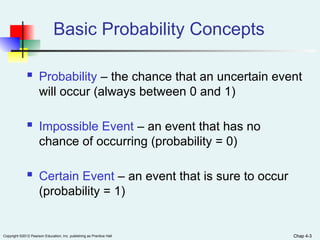 Chap 4-3
Copyright ©2012 Pearson Education, Inc. publishing as Prentice Hall Chap 4-3
Basic Probability Concepts
 Probability – the chance that an uncertain event
will occur (always between 0 and 1)
 Impossible Event – an event that has no
chance of occurring (probability = 0)
 Certain Event – an event that is sure to occur
(probability = 1)
 