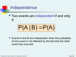 Chap 4-30
Copyright ©2012 Pearson Education, Inc. publishing as Prentice Hall Chap 4-30
Independence
 Two events are independent if and only
if:
 Events A and B are independent when the probability
of one event is not affected by the fact that the other
event has occurred
P(A)
B)
|
P(A 
 