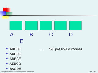 Copyright ©2012 Pearson Education, Inc. publishing as Prentice Hall
A B C D
E
Chap 4-44
 ABCDE ….. 120 possible outcomes
 ACBDE
 ADBCE
 AEBCD
 BACDE
 
