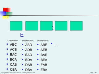Copyright ©2012 Pearson Education, Inc. publishing as Prentice Hall
A B C D
E
Chap 4-48
1st
combination:
 ABC
 ACB
 BAC
 BCA
 CAB
 CBA
2nd
combination:
 ABD
 ADB
 BAD
 BDA
 DAB
 DBA
3rd
combination:
 ABE
 AEB
 BAE
 BEA
 EAB
 EBA
 …
 