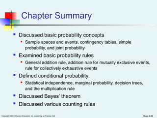 Chap 4-49
Copyright ©2012 Pearson Education, Inc. publishing as Prentice Hall Chap 4-49
Chapter Summary
 Discussed basic probability concepts
 Sample spaces and events, contingency tables, simple
probability, and joint probability
 Examined basic probability rules
 General addition rule, addition rule for mutually exclusive events,
rule for collectively exhaustive events
 Defined conditional probability
 Statistical independence, marginal probability, decision trees,
and the multiplication rule
 Discussed Bayes’ theorem
 Discussed various counting rules
 