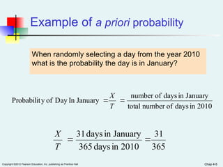 Chap 4-5
Copyright ©2012 Pearson Education, Inc. publishing as Prentice Hall Chap 4-5
Example of a priori probability
When randomly selecting a day from the year 2010
what is the probability the day is in January?
2010
in
days
of
number
total
January
in
days
of
number
January
In
Day
of
y
Probabilit 

T
X
365
31
2010
in
days
365
January
in
days
31


T
X
 