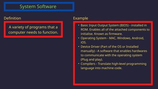 System Software
A variety of programs that a
computer needs to function.
Definition
• Basic Input Output System (BIOS) - installed in
ROM. Enables all of the attached components to
initialise. Known as firmware.
• Operating System - MAC, Windows, Android,
iOS.
• Device Driver (Part of the OS or Installed
manually) - A software that enables hardwares
to communicate with the operating system
(Plug and play).
• Compilers - Translate high-level programming
language into machine code.
Example
 