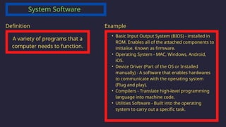 System Software
A variety of programs that a
computer needs to function.
Definition
• Basic Input Output System (BIOS) - installed in
ROM. Enables all of the attached components to
initialise. Known as firmware.
• Operating System - MAC, Windows, Android,
iOS.
• Device Driver (Part of the OS or Installed
manually) - A software that enables hardwares
to communicate with the operating system
(Plug and play).
• Compilers - Translate high-level programming
language into machine code.
• Utilities Software - Built into the operating
system to carry out a specific task.
Example
 