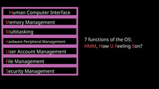 Human Computer Interface
Memory Management
Multitasking
Hardware Peripheral Management
User Account Management
File Management
Security Management
7 functions of the OS:
HMM, How U Feeling Son?
 