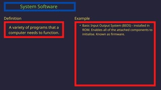 System Software
A variety of programs that a
computer needs to function.
Definition
• Basic Input Output System (BIOS) - installed in
ROM. Enables all of the attached components to
initialise. Known as firmware.
Example
 