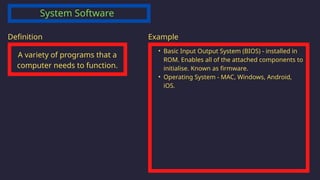 System Software
A variety of programs that a
computer needs to function.
Definition
• Basic Input Output System (BIOS) - installed in
ROM. Enables all of the attached components to
initialise. Known as firmware.
• Operating System - MAC, Windows, Android,
iOS.
Example
 