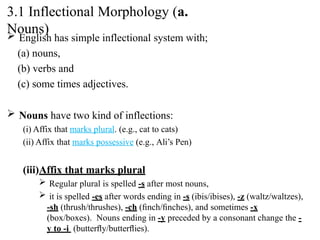  English has simple inflectional system with;
(a) nouns,
(b) verbs and
(c) some times adjectives.
 Nouns have two kind of inflections:
(i) Affix that marks plural. (e.g., cat to cats)
(ii) Affix that marks possessive (e.g., Ali’s Pen)
(iii)Affix that marks plural
 Regular plural is spelled -s after most nouns,
 it is spelled -es after words ending in -s (ibis/ibises), -z (waltz/waltzes),
-sh (thrush/thrushes), -ch (ﬁnch/ﬁnches), and sometimes -x
(box/boxes). Nouns ending in -y preceded by a consonant change the -
y to -i (butterﬂy/butterﬂies).
3.1 Inflectional Morphology (a.
Nouns)
 