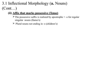 (ii) Affix that marks possessive (Tense)
The possessive sufﬁx is realized by apostrophe + -s for regular
singular nouns (llama’s)
 Plural nouns not ending in -s (children’s)
3.1 Inflectional Morphology (a. Nouns)
(Cont…)
 