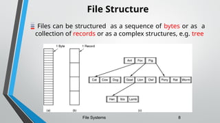 File Structure
Files can be structured as a sequence of bytes or as a
collection of records or as a complex structures, e.g. tree
File Systems 8
 