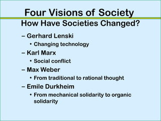 Four Visions of Society
How Have Societies Changed?
– Gerhard Lenski
• Changing technology
– Karl Marx
• Social conflict
– Max Weber
• From traditional to rational thought
– Emile Durkheim
• From mechanical solidarity to organic
solidarity
 