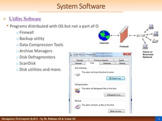 11
Management Information System – by Dr. Rahman Ali & Asmat Ali
System Software
Introduction To Computer & ICT – by Dr. Rahman Ali & Asmat Ali
 Utility Software
• Programs distributed with OS but not a part of OS.
o Firewall
o Backup utility
o Data Compression Tools
o Archive Managers
o Disk Defragmenters
o ScanDisk
o Disk utilities and more.
 