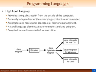 23
Management Information System – by Dr. Rahman Ali & Asmat Ali
Programming Languages
 High Level Language
• Provides strong abstraction from the details of the computer.
• Generally independent of the underlying architecture of computer.
• Automates and hides some aspects, e.g. memory management.
• Natural language elements; easier to understand and program.
• Compiled to machine code before execution.
 