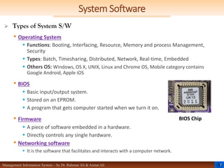 7
Management Information System – by Dr. Rahman Ali & Asmat Ali
System Software
 Types of System S/W
• Operating System
 Functions: Booting, Interfacing, Resource, Memory and process Management,
Security
 Types: Batch, Timesharing, Distributed, Network, Real-time, Embedded
 Others OS: Windows, OS X, UNIX, Linux and Chrome OS, Mobile category contains
Google Android, Apple iOS
• BIOS
 Basic input/output system.
 Stored on an EPROM.
 A program that gets computer started when we turn it on.
• Firmware
 A piece of software embedded in a hardware.
 Directly controls any single hardware.
• Networking software
 It is the software that facilitates and interacts with a computer network.
BIOS Chip
 