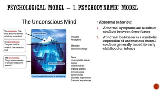 PSYCHOLOGICAL MODEL – 1. PSYCHODYNAMIC MODEL
▪ Abnormal behaviour
1. Abnormal symptoms are results of
conflicts between these forces
2. Abnormal behaviour is a symbolic
expression of unconscious mental
conflicts generally traced to early
childhood or infancy
 