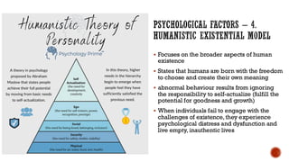 PSYCHOLOGICAL FACTORS – 4.
HUMANISTIC EXISTENTIAL MODEL
▪ Focuses on the broader aspects of human
existence
▪ States that humans are born with the freedom
to choose and create their own meaning
▪ abnormal behaviour results from ignoring
the responsibility to self-actualize (fulfill the
potential for goodness and growth)
▪ When individuals fail to engage with the
challenges of existence, they experience
psychological distress and dysfunction and
live empty, inauthentic lives
 