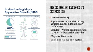 PREDISPOSING FACTORS TO
DEPRESSION
▪ Genetic make-up
▪ Age - women are at risk during
young adulthood, men in early
middle age
▪ Gender – Women are more prone
to report a depressive disorder
▪ Negative life events
▪ Lack of social support system
 