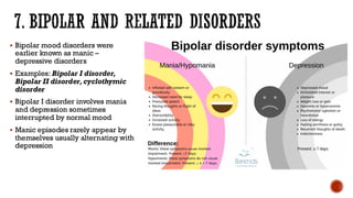 7. BIPOLAR AND RELATED DISORDERS
▪ Bipolar mood disorders were
earlier known as manic –
depressive disorders
▪ Examples: Bipolar I disorder,
Bipolar II disorder,cyclothymic
disorder
▪ Bipolar I disorder involves mania
and depression sometimes
interrupted by normal mood
▪ Manic episodes rarely appear by
themselves usually alternating with
depression
 
