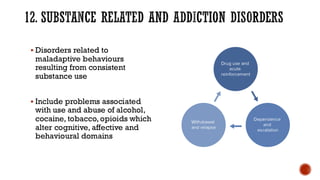 12. SUBSTANCE RELATED AND ADDICTION DISORDERS
▪ Disorders related to
maladaptive behaviours
resulting from consistent
substance use
▪ Include problems associated
with use and abuse of alcohol,
cocaine, tobacco,opioids which
alter cognitive, affective and
behavioural domains
 
