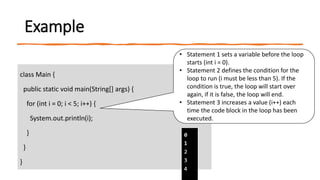 Example
class Main {
public static void main(String[] args) {
for (int i = 0; i < 5; i++) {
System.out.println(i);
}
}
}
• Statement 1 sets a variable before the loop
starts (int i = 0).
• Statement 2 defines the condition for the
loop to run (i must be less than 5). If the
condition is true, the loop will start over
again, if it is false, the loop will end.
• Statement 3 increases a value (i++) each
time the code block in the loop has been
executed.
 