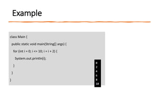 Example
class Main {
public static void main(String[] args) {
for (int i = 0; i <= 10; i = i + 2) {
System.out.println(i);
}
}
}
 