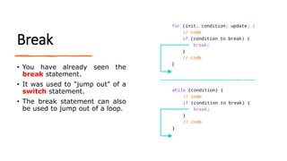 Break
• You have already seen the
break statement.
• It was used to "jump out" of a
switch statement.
• The break statement can also
be used to jump out of a loop.
 