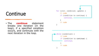 Continue
• The continue statement
breaks one iteration (in the
loop), if a specified condition
occurs, and continues with the
next iteration in the loop.
 