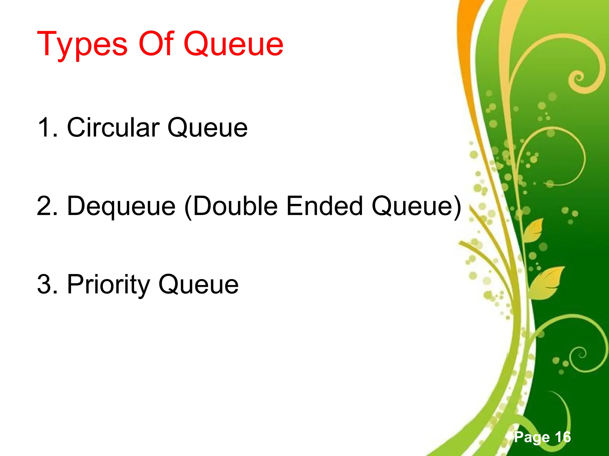 Free Powerpoint Templates
Page 16
Types Of Queue
1. Circular Queue
2. Dequeue (Double Ended Queue)
3. Priority Queue
 