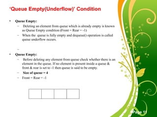 Free Powerpoint Templates
Page 11
‘Queue Empty(Underflow)’ Condition
• Queue Empty:
– Deleting an element from queue which is already empty is known
as Queue Empty condition (Front = Rear = -1)
– When the queue is fully empty and dequeue() operation is called
queue underflow occurs.
–
• Queue Empty:
– Before deleting any element from queue check whether there is an
element in the queue. If no element is present inside a queue &
front & rear is set to -1 then queue is said to be empty.
– Size of queue = 4
– Front = Rear = -1
 