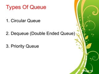 Free Powerpoint Templates
Page 16
Types Of Queue
1. Circular Queue
2. Dequeue (Double Ended Queue)
3. Priority Queue
 