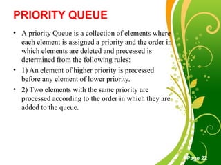 Free Powerpoint Templates
Page 22
PRIORITY QUEUE
• A priority Queue is a collection of elements where
each element is assigned a priority and the order in
which elements are deleted and processed is
determined from the following rules:
• 1) An element of higher priority is processed
before any element of lower priority.
• 2) Two elements with the same priority are
processed according to the order in which they are
added to the queue.
 