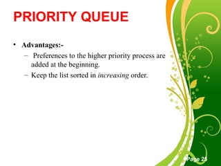 Free Powerpoint Templates
Page 25
PRIORITY QUEUE
• Advantages:-
– Preferences to the higher priority process are
added at the beginning.
– Keep the list sorted in increasing order.
 