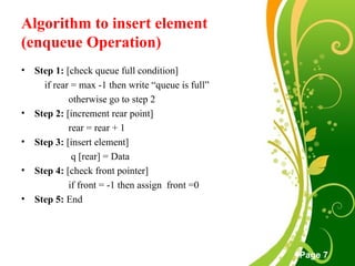 Free Powerpoint Templates
Page 7
Algorithm to insert element
(enqueue Operation)
• Step 1: [check queue full condition]
if rear = max -1 then write “queue is full”
otherwise go to step 2
• Step 2: [increment rear point]
rear = rear + 1
• Step 3: [insert element]
q [rear] = Data
• Step 4: [check front pointer]
if front = -1 then assign front =0
• Step 5: End
 