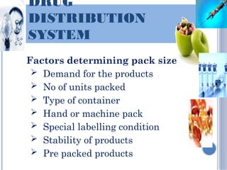 DRUG
DISTRIBUTION
SYSTEM
Factors determining pack size
 Demand for the products
 No of units packed
 Type of container
 Hand or machine pack
 Special labelling condition
 Stability of products
 Pre packed products
 