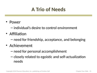 A Trio of Needs
• Power
– individual’s desire to control environment
• Affiliation
– need for friendship, acceptance, and belonging
• Achievement
– need for personal accomplishment
– closely related to egoistic and self-actualization
needs
21
21
Copyright 2010 Pearson Education, Inc. publishing as Prentice Hall Chapter Four Slide
 