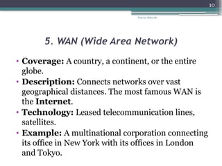 Prep by: Bilisa Sh.
10
5. WAN (Wide Area Network)
• Coverage: A country, a continent, or the entire
globe.
• Description: Connects networks over vast
geographical distances. The most famous WAN is
the Internet.
• Technology: Leased telecommunication lines,
satellites.
• Example: A multinational corporation connecting
its office in New York with its offices in London
and Tokyo.
 