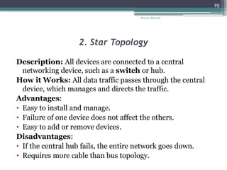 Prep by: Bilisa Sh.
19
2. Star Topology
Description: All devices are connected to a central
networking device, such as a switch or hub.
How it Works: All data traffic passes through the central
device, which manages and directs the traffic.
Advantages:
• Easy to install and manage.
• Failure of one device does not affect the others.
• Easy to add or remove devices.
Disadvantages:
• If the central hub fails, the entire network goes down.
• Requires more cable than bus topology.
 