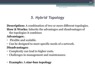 Prep by: Bilisa Sh.
22
5. Hybrid Topology
Description: A combination of two or more different topologies.
How it Works: Inherits the advantages and disadvantages of
the topologies it combines
Advantages:.
• Flexible and scalable.
• Can be designed to meet specific needs of a network.
Disadvantages:
• Complexity can lead to higher costs.
• Challenges in management and maintenance.
• Example: A star-bus topology
 