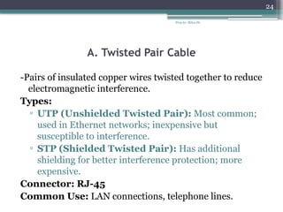 Prep by: Bilisa Sh.
24
A. Twisted Pair Cable
-Pairs of insulated copper wires twisted together to reduce
electromagnetic interference.
Types:
▫ UTP (Unshielded Twisted Pair): Most common;
used in Ethernet networks; inexpensive but
susceptible to interference.
▫ STP (Shielded Twisted Pair): Has additional
shielding for better interference protection; more
expensive.
Connector: RJ-45
Common Use: LAN connections, telephone lines.
 