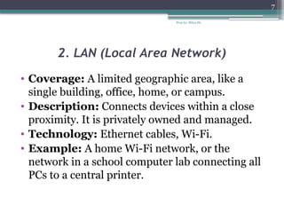Prep by: Bilisa Sh.
7
2. LAN (Local Area Network)
• Coverage: A limited geographic area, like a
single building, office, home, or campus.
• Description: Connects devices within a close
proximity. It is privately owned and managed.
• Technology: Ethernet cables, Wi-Fi.
• Example: A home Wi-Fi network, or the
network in a school computer lab connecting all
PCs to a central printer.
 
