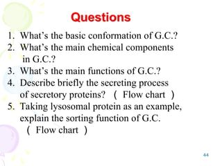 44
Questions
1. What’s the basic conformation of G.C.?
2. What’s the main chemical components
in G.C.?
3. What’s the main functions of G.C.?
4. Describe briefly the secreting process
of secretory proteins? （ Flow chart ）
5. Taking lysosomal protein as an example,
explain the sorting function of G.C.
（ Flow chart ）
 