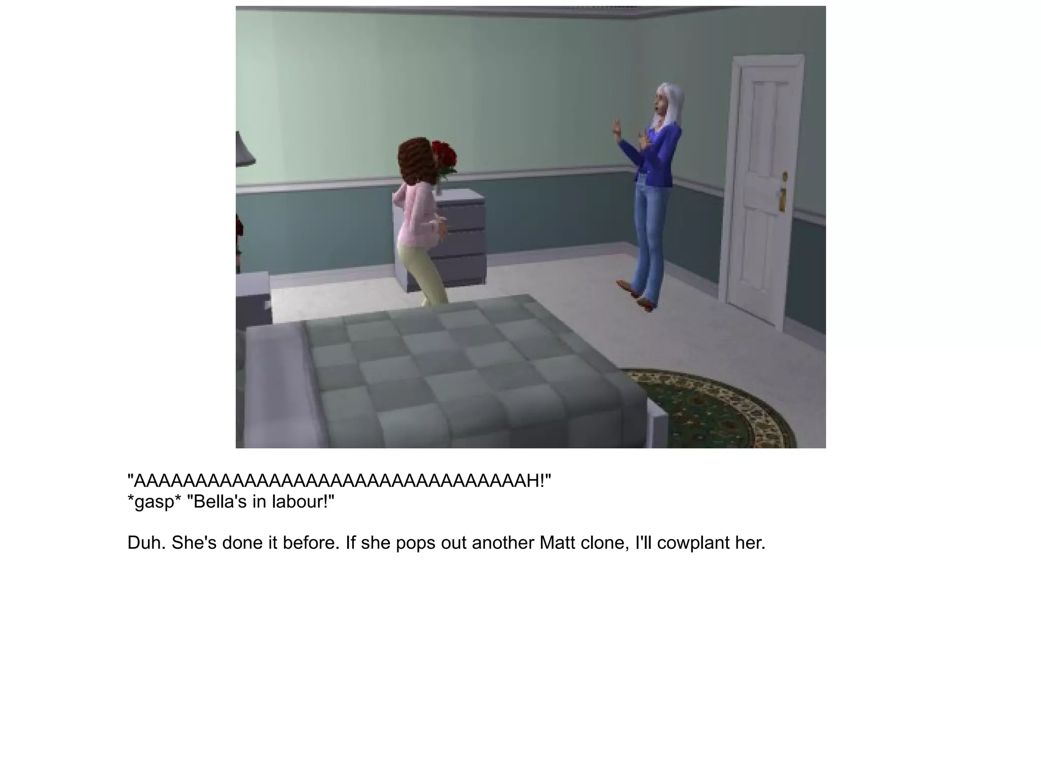 "AAAAAAAAAAAAAAAAAAAAAAAAAAAAAAAAH!" *gasp* "Bella's in labour!" Duh. She's done it before. If she pops out another Matt clone, I'll cowplant her. 
