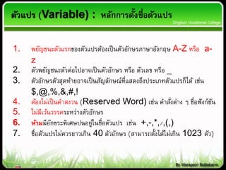 ตัวแปร (Variable) : หลักการตั้งชื่อตัวแปร
1. พยัญชนะตัวแรกของตัวแปรต้องเป็นตัวอักษรภาษาอังกฤษ A-Z หรือ a-
z
2. ตัวพยัญชนะตัวต่อไปอาจเป็นตัวอักษร หรือ ตัวเลข หรือ _
3. ตัวอักษรตัวสุดท้ายอาจเป็นสัญลักษณ์ที่แสดงถึงประเภทตัวแปรก็ได้ เช่น
$,@,%,&,#,!
4. ต้องไม่เป็นคาสงวน (Reserved Word) เช่น คาสั่งต่าง ๆ ชื่อฟังก์ชัน
5. ไม่มีเว้นวรรคระหว่างตัวอักษร
6. ห้ามมีอักขระพิเศษปนอยู่ในชื่อตัวแปร เช่น +,-,*,/,(,)
7. ชื่อตัวแปรไม่ควรยาวเกิน 40 ตัวอักษร (สามารถตั้งได้ไม่เกิน 1023 ตัว)
 