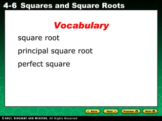 Vocabulary square root principal square root perfect square 