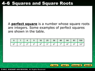 A  perfect square  is a number whose square roots are integers. Some examples of perfect squares are shown in the table. 