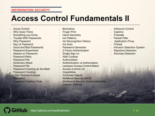 Security+ Guide to Network Security Fundamentals, Third
Edition
11
1 1 tohttps://github.com/syaifulahdan/
INFORMATION SECURITY
Access Control Fundamentals II
 Acces Control
 Who Goes There
 Something you Know
 Trouble With Passwords
 Why Password
 Key vs Password
 Good and Bad Passwords
 Password Experiment
 Attacks on Password
 Password Retry
 Password File
 Dictionary Attack
 Password File
 Password Cracking do the Math
 Password Cracking
 Other Password Issues
 Password
 Password Cracking Tools

 Biometrics
 Finger Print
 Hand Geometry
 Iris Patterns
 Iris Recongnition History
 Iris Scan
 Password Generator
 2 Factor Authentication
 Single Sign on
 Web Cookies
 Authorization
 Authentication vs Authorization
 Lampson Access Control Matrix
 Access Control List
 Capabilities
 Confused Deputy
 Multilevel Security (MLS)
 Multilateral Security (Compartements)
 Convert Channel
 Inference Control
 Captcha
 Firewalls
 Packet Filter
 Application Proxy
 Firewal
 Intrusion Detection System
 Signature Detection
 Anomaly Detection
 